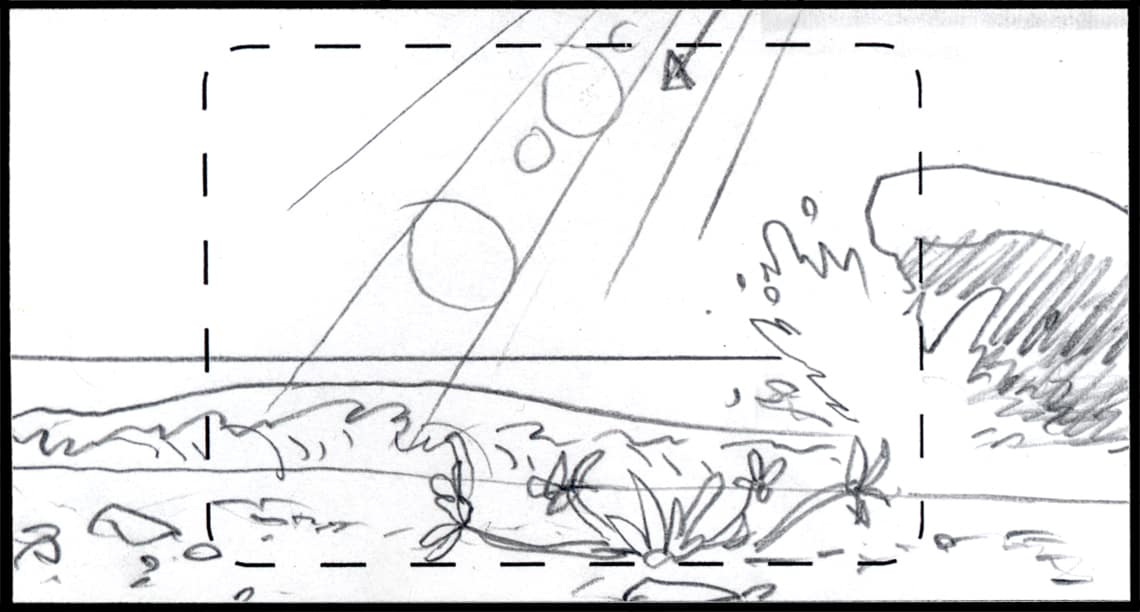 Children of the Wind, Scene 1, Panel 1
ACTION: EXT- BEACH- DAY- Lens Flare from o.s. sun- Surf crashes on beach.