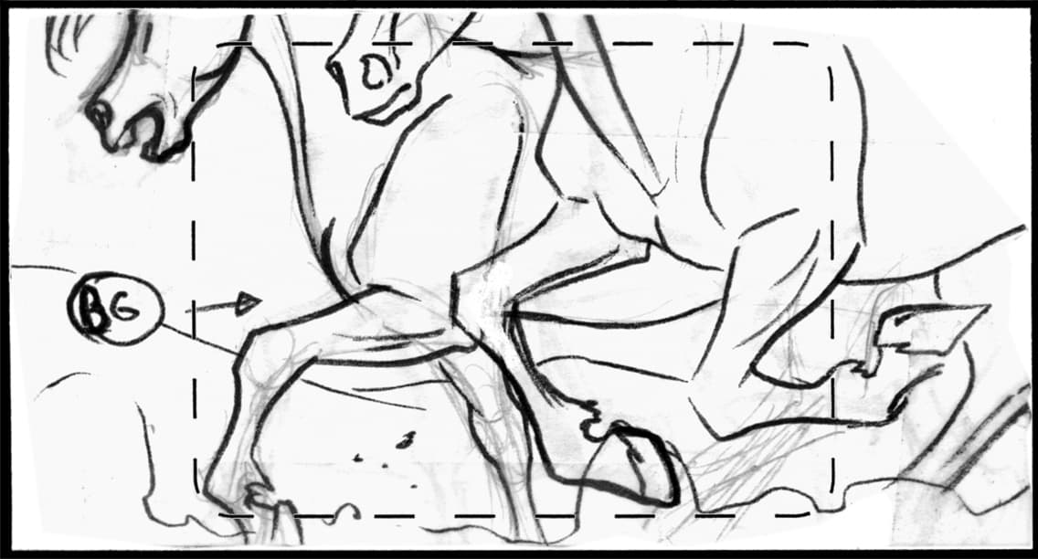 Children of the Wind, Scene 2, Panel 1
ACTION: EXT- BEACH- DAY- PAN BG- Angel on HORSES 1 & 2, running-
NARRATOR: “They run…”