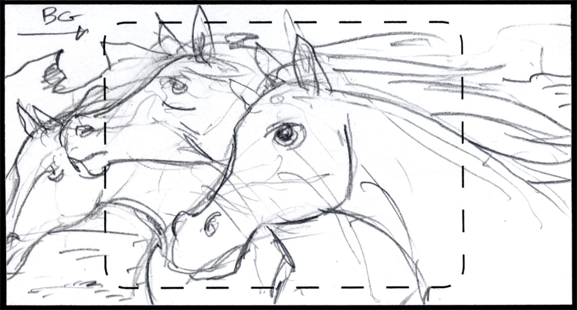 Children of the Wind, Scene 3, Panel 1
ACTION: EXT- BEACH- DAY- PAN BG- side view- CU on running horses, manes flowing behind them-
NARRATOR: “…free…”