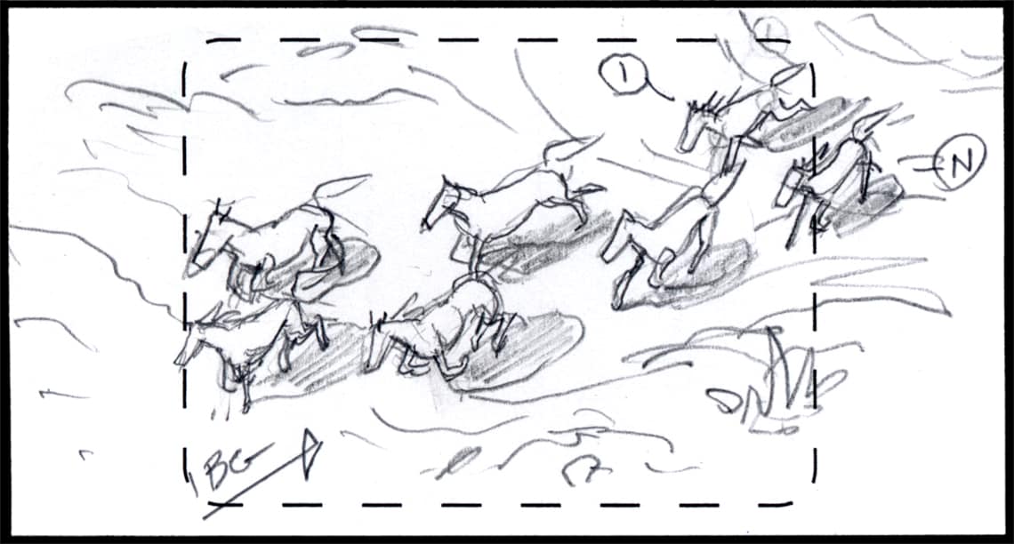 Children of the Wind, Scene 4, Panel 1
ACTION: EXT- BEACH- DAY- PAN BG- Downshot on running hear, 7 horses total- IBNI & NUNU take up the rear-
NARRATOR: “…the wind at their back.”