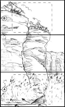 Children of the Wind, Scene 5, Panel 1
ACTION: EXT- CLIFFS- DAY- surf striking rocks- VERT PAN up to top of cliff; horses seen running along cliff edge, IBNI & NUNU bringing up the rear- 
NARRATOR: “…along sea cliffs…”