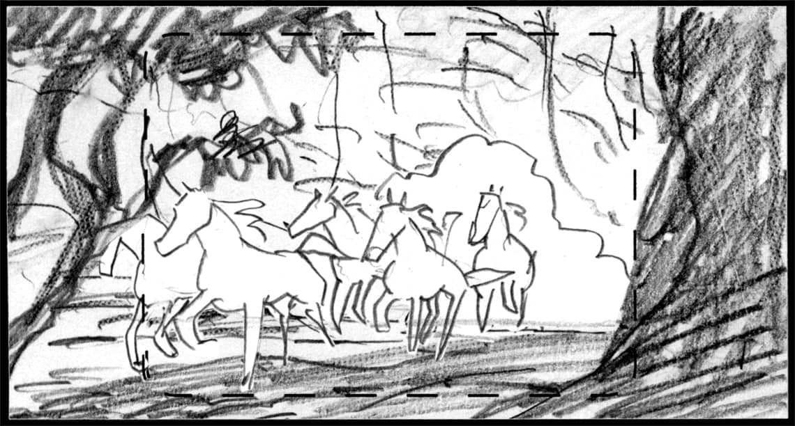 Children of the Wind, Scene 6, Panel 1
ACTION: EXT: WADI- DAY- Herd runs toward cam-
NARRATOR: “…through mountain canyons…”