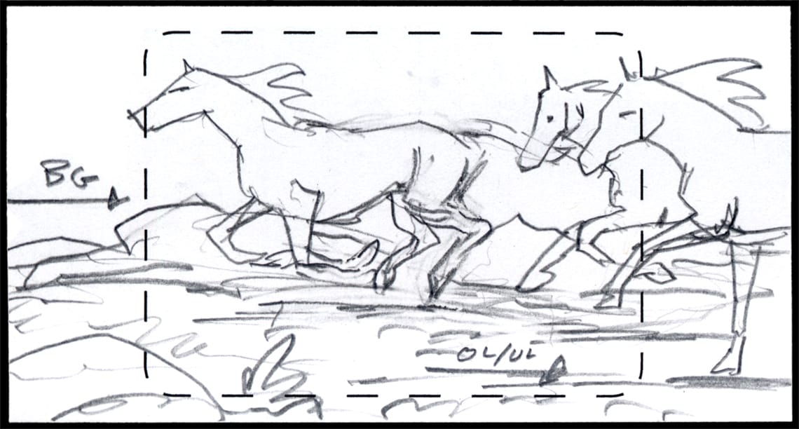 Children of the Wind, Scene 7, Panel 1
ACTION: EXT: WADI- DAY- SLIDE BG/ OL/UL ELEMENTS- Horses gain through frame-
NARRATOR: “…and high plains.”