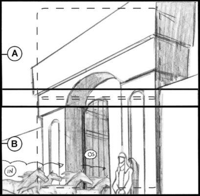 Children of the Wind, Scene 11, Panel 1
ACTION: Upshot on main gate- VERT PAN down to SHEIKH ALI, watching herd trot through entrance to COMPOUND-
NARRATOR: “…of a proud…”