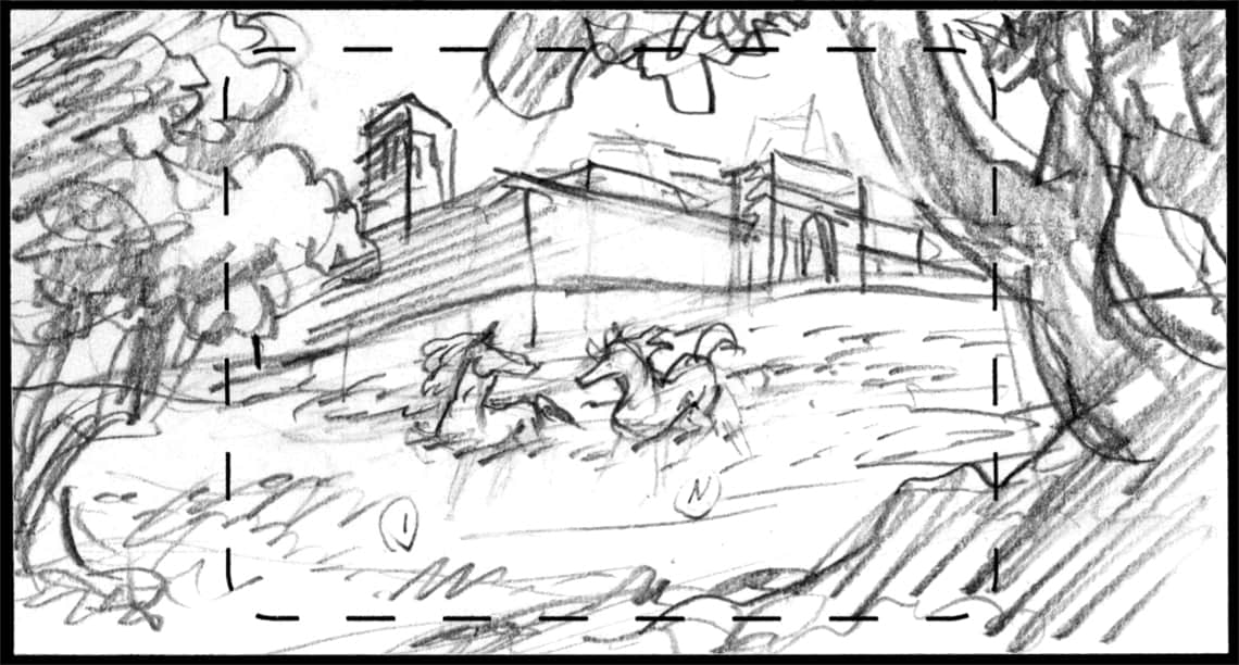 Children of the Wind, Scene 15, Panel 1
ACTION: EXT- SHIEKH ALI’S COMPOUND; ADJACENT MEADOW- DAY-  IBNI & NUNU frolic-
NARRATOR: “…They run free…”