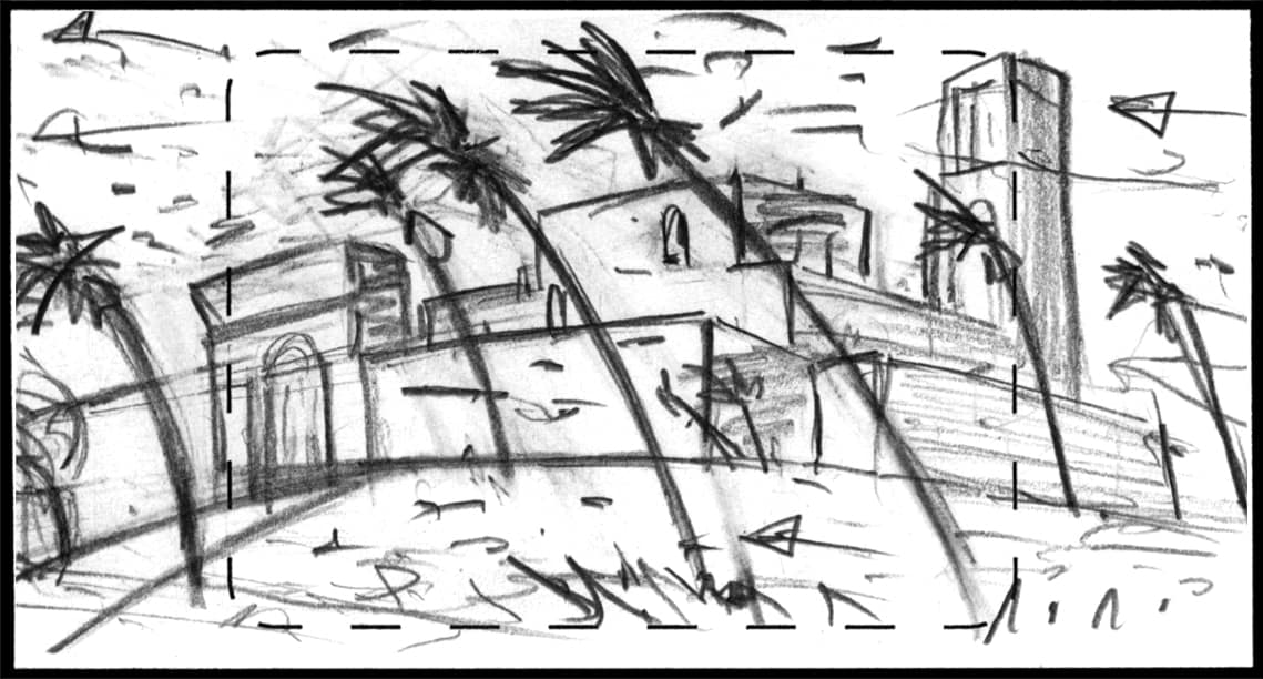Children of the Wind, Scene 17, Panel 1
ACTION: EXT- SHIEKH ALI’S COMPOUND- NIGHT- Gail force winds blow tress, debris-
NARRATOR: “But fate…”