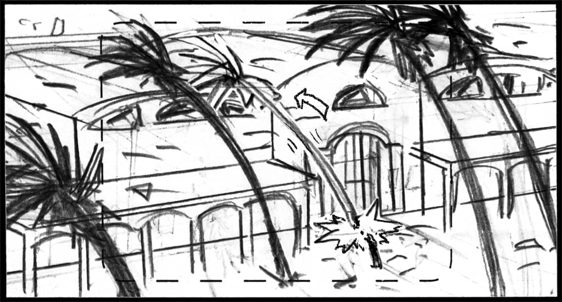 Children of the Wind, Scene 18, Panel 1
ACTION: EXT- SHIEKH ALI’S COMPOUND/ STABLES- NIGHT- Gail force winds blow tress, debris- PALM TREE is snapped off by wind, is blown towards stables as it falls--
NARRATOR: “…has other plans.”