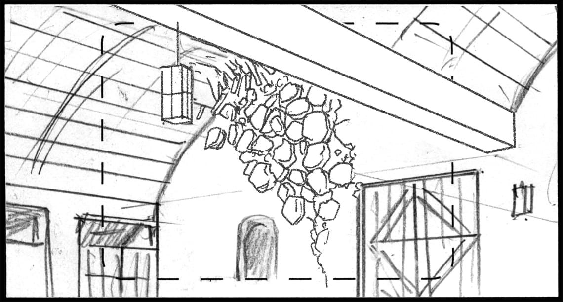 Children of the Wind, Scene 19, Panel 1
ACTION: INT- SHIEKH ALI’S COMPOUND/ STABLES- NIGHT-  PALM TREE crashed through wall-