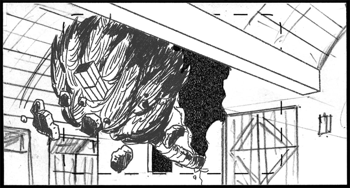 Children of the Wind, Scene 19, Panel 3
ACTION:- PALM TREE takes KEROSENE LAMP with it on the way down-
NARRATOR: “…strikes….”