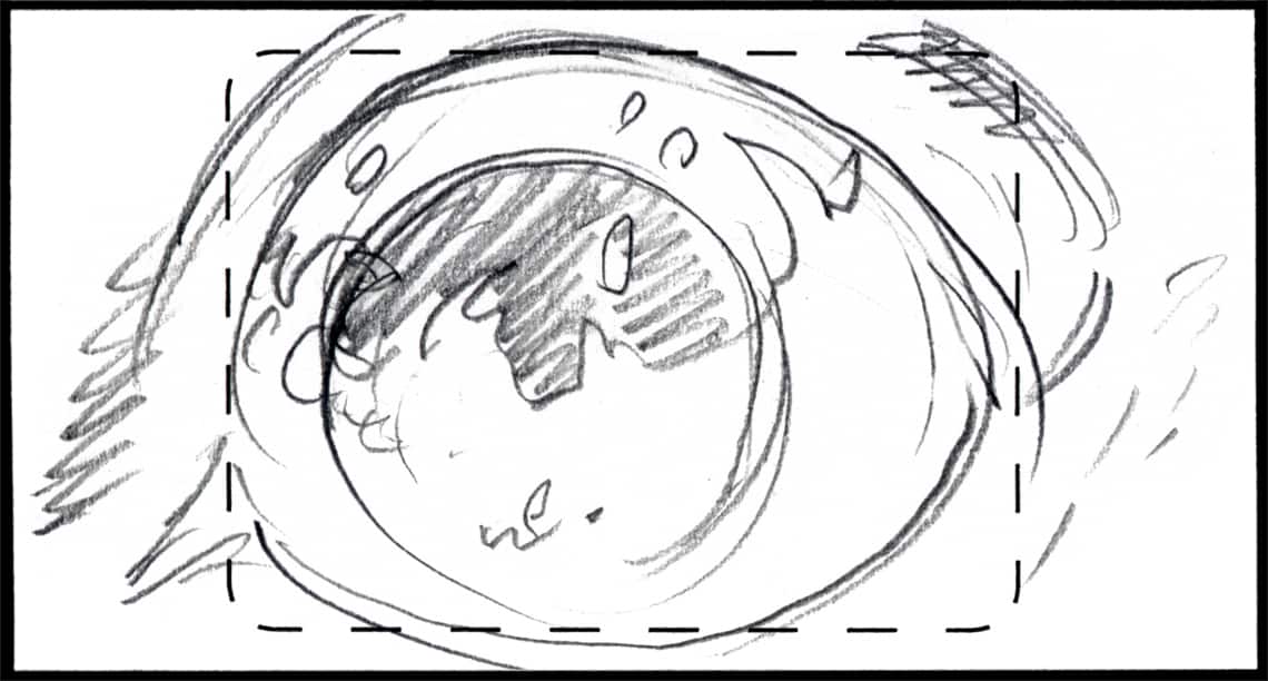 Children of the Wind, Scene 20, Panel 1
ACTION: INT- SHIEKH ALI’S COMPOUND/ STABLES- NIGHT- X.C.U. on IBNI’S eye, flames reflected thereon-