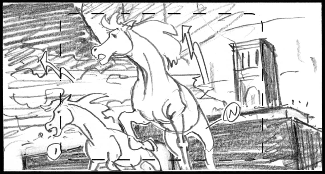 Children of the Wind, Scene 21, Panel 1
ACTION: EXT- SHIEKH ALI’S COMPOUND- NIGHT- Gail-force winds blow flame, smoke- BNI & NUNU race out of gate, towards cam-
NARRATOR: “…far from their home and family.”