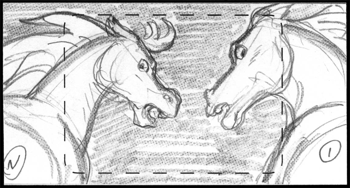 Children of the Wind, Scene 22, Panel 1
ACTION: EXT- NARROW GULLY- NIGHT- ANIMATE OL/UL, SLIDE B.G.- NUNU  & IBNI look over their shoulders as they run away from cam- they are lit by o.s. headlights-