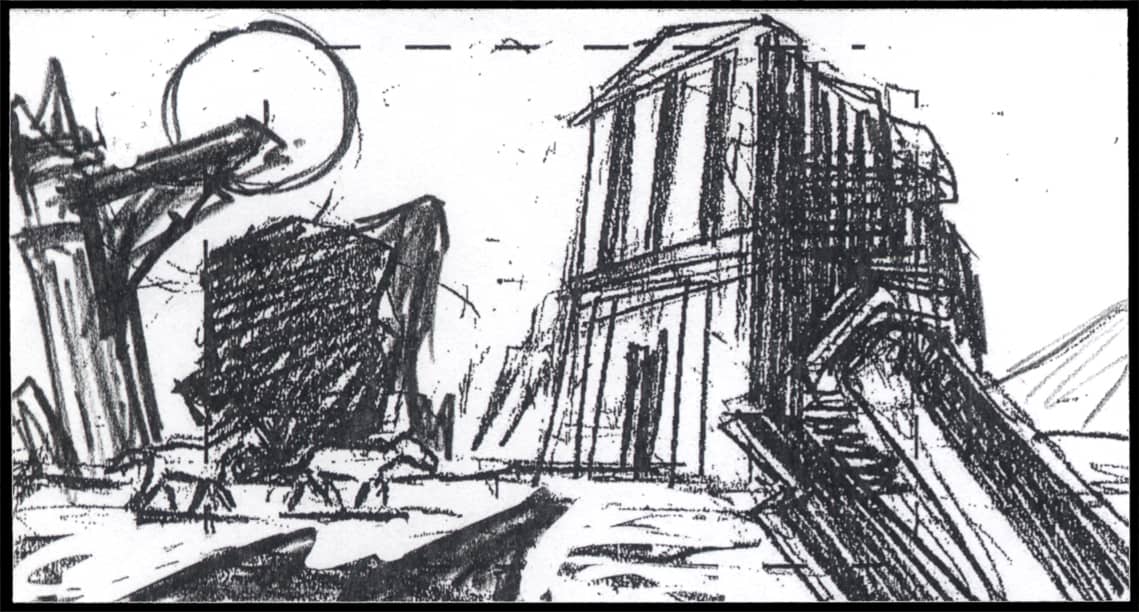 Children of the Wind, Scene 26, Panel 1
ACTION: EXT- M’DAIN RUINS, NIGHT-  IBNI & NUNU walk through lower part of frame-
NARRATOR: “…in a mysterious land…”