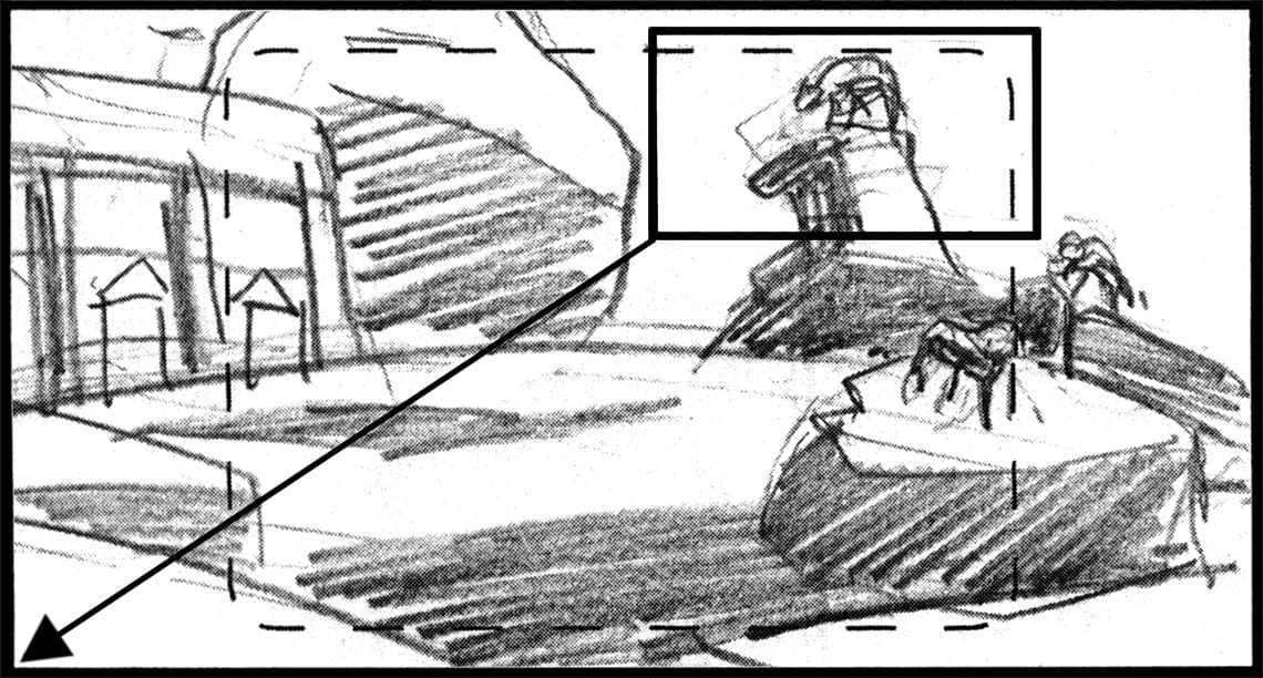 Children of the Wind, Scene 27, Panel 1
ACTION: EXT- M’DAIN RUINS, NIGHT- C.U. on snarling WOLF; FAST T.O. to reveal two more hostile wolves-
NARRATOR: “…across the vast Arabian Peninsula…”