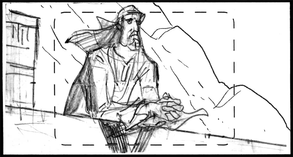 Children of the Wind, Scene 29, Panel 1
ACTION: EXT- SHEIKH ALI’S COMPOUND- NIGHT- SHEIKH ALI stares soulfully from parapet, missing his favorite horses- 
NARRATOR: “…for home.”