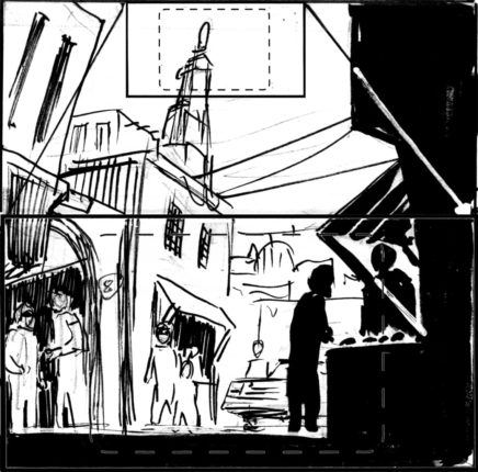 Children of the Wind, Scene 30, Panel 1
ACTION: EXT-CROWDED SOUK- DAY- C.U. on minaret, T.O./ VERT PAN to street level-
NARRATOR: “Ibni and Nunu will discover new worlds…”