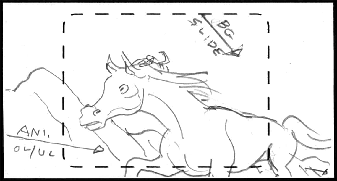 Children of the Wind, Scene 68, Panel 2
ACTION: As IBNI gains toward cam, shift direction of BG SLIDE to mimic LIVE ACTION DOLLY SHOT- we see SCORPION is riding atop IBNI’S head, pincers holding on to IBNI’s mane-