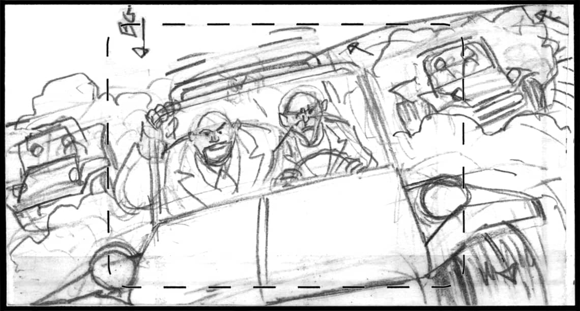 Children of the Wind, Scene 69, Panel 1
ACTION: EXT- DESERT- NIGHT-  ANIMATE OL/UL; SLIDE B.G.- KAMIL & NASIR drive dune buggy, followed by two other dune buggies-