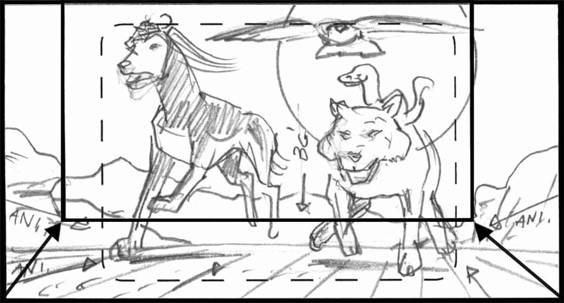 Children of the Wind, Scene 70, Panel 1
ACTION: EXT- DESERT- NIGHT-  ANIMATE OL/UL; SLIDE B.G.- SALUKI,  with SCORPION riding his head, and WOLF, with SNAKE riding on her head, run toward cam- T.I.-