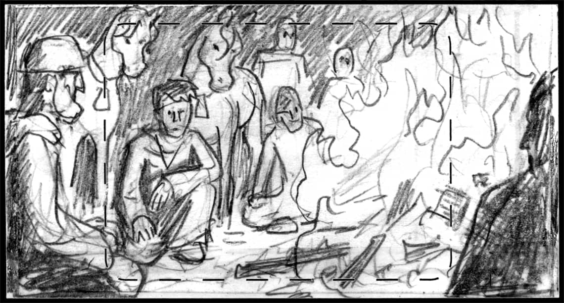 Children of the Wind, Scene 71, Panel 1
ACTION: EXT- BEDOUIN ENCAMPMENT- NIGHT-  ABDUL  AZIZ and rest of tribe sit around bon fire, IBNI & NUNU flanking ABDUL-