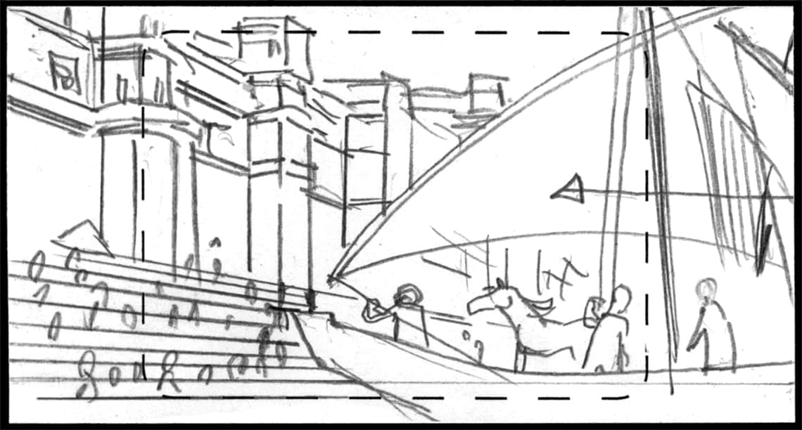 Children of the Wind, Scene 73, Panel 1
ACTION: EXT- INDIA WATERFRONT-DAY- DHOW with IBNI on deck glides IN in FG, slowing as it approaches  shore-