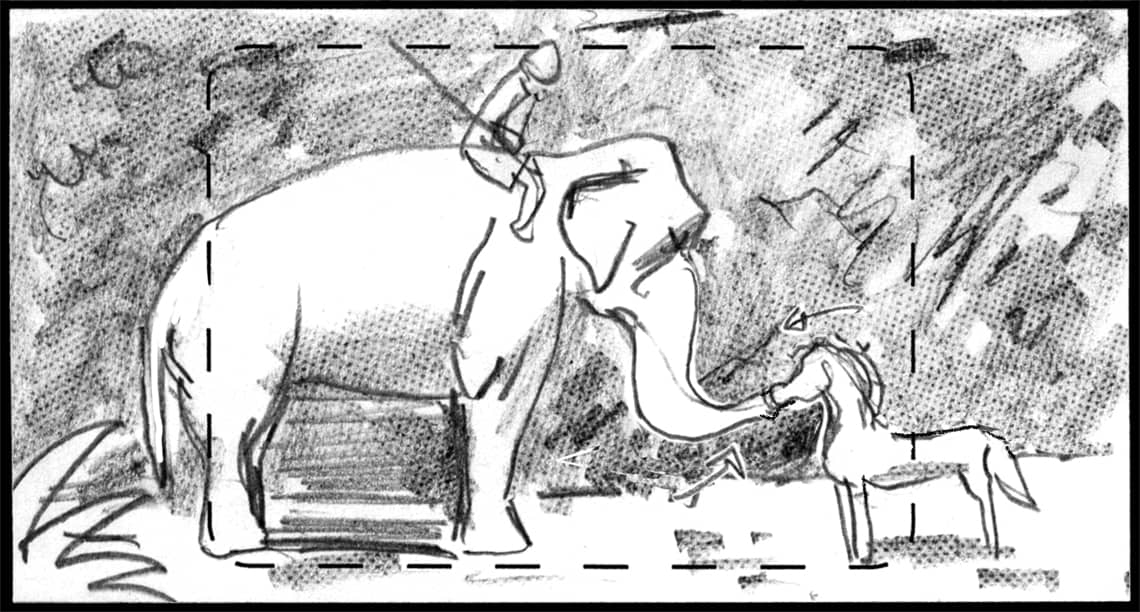Children of the Wind, Scene 75, Panel 1
ACTION: EXT- INDIA FOREST- DAY- ELEPHANT touches IBNI’S snout with trunk-