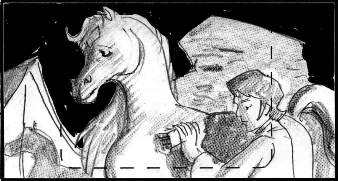 Children of the Wind, Scene 76, Panel 1
ACTION: EXT- BEDOUIN ENCAMPMENT- NIGHT-  ABDUL  AZIZ grooms IBNI-