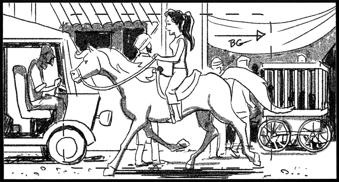 Children of the Wind, Scene 77, Panel 1
ACTION: EXT- INDIA MARKETPLACE- DAY- PAN BG- OLDER AMIYA rides 3 YEAR OLD NUNU-