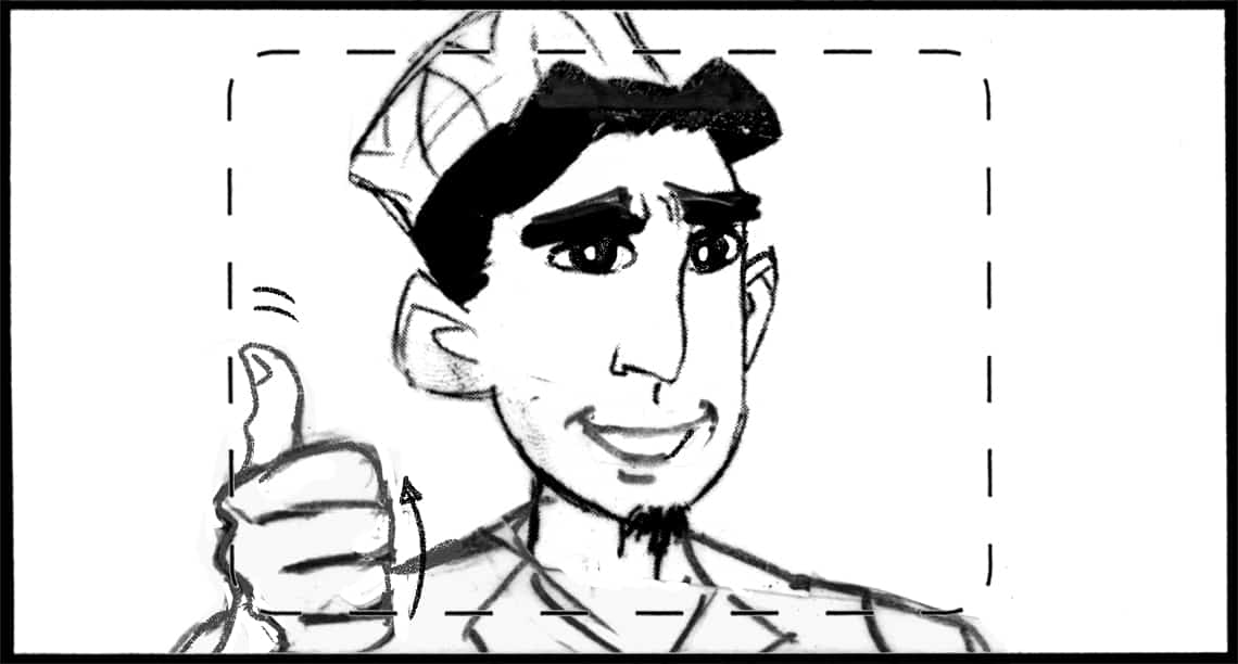 Children of the Wind, Scene 83, Panel 1
ACTION: EXT- DESERT- DAY- C.U. on CADI, smiling, giving “thumbs up” sign-