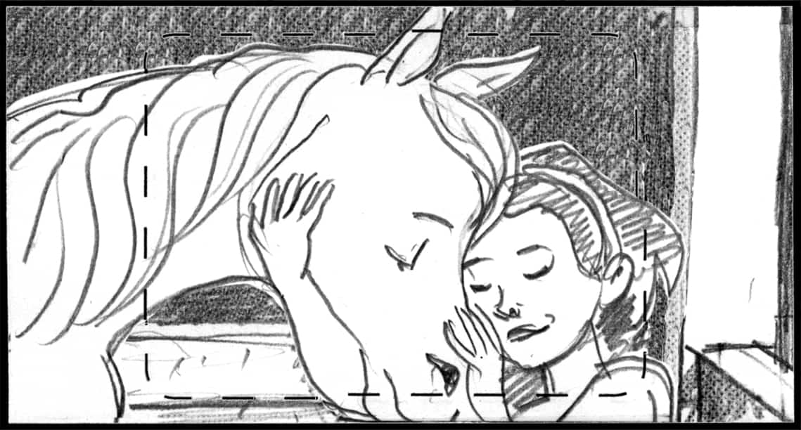 Children of the Wind, Scene 84, Panel 1
ACTION: INT- STABLES- NIGHT- 14 YEAR OLD AMIYAH strokes IBNI’s muzzle-