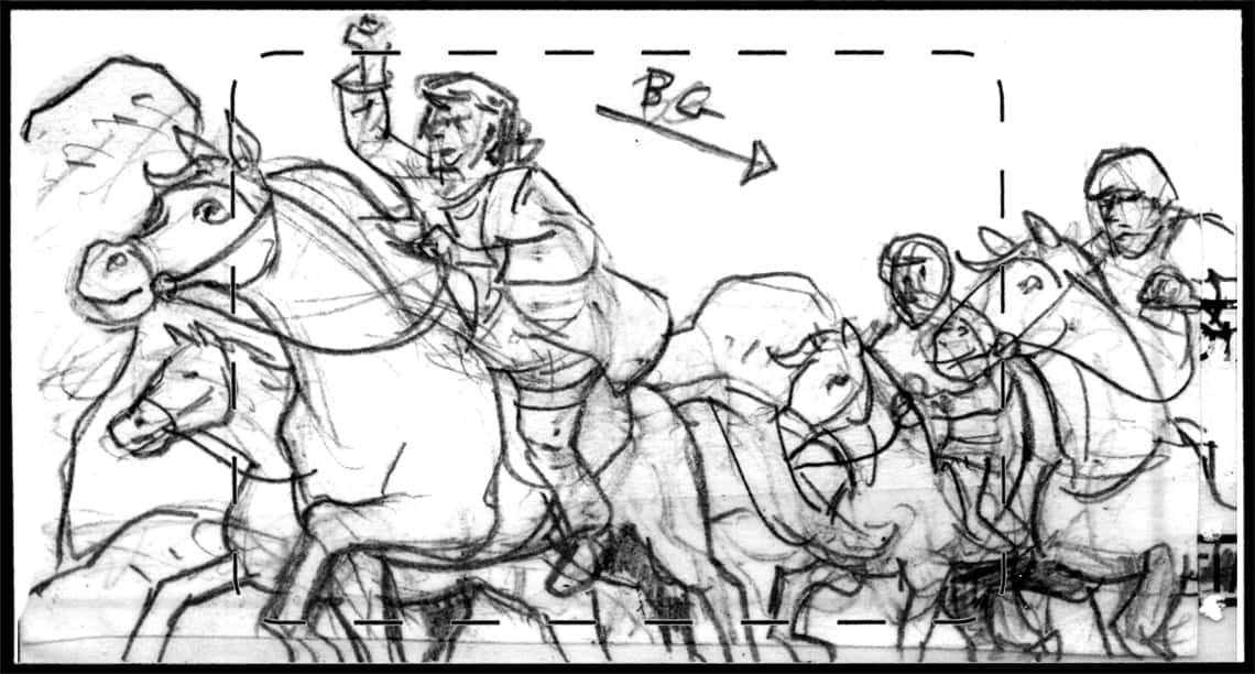 Children of the Wind, Scene 87, Panel 1
ACTION: EXT- DESERT- DAY- B.G. SLIDE- ADULT ABDUL AZIZ rides ADULT IBNI, leading group of other BEDOUIN riders-