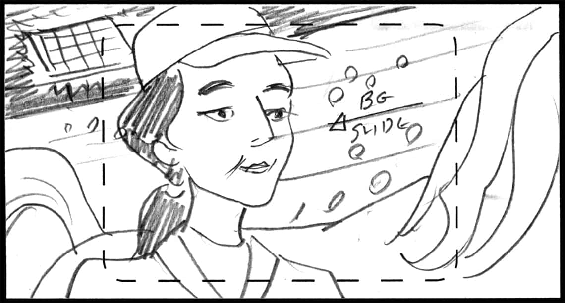 Children of the Wind, Scene 91, Panel 1
ACTION: EXT- RACING STADIUM- DAY- B.G. SLIDE- C.U. on DANNAH, leading ADULT IBNI across stadium-