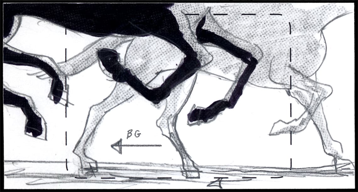 Children of the Wind, Scene 94, Panel 1
ACTION: EXT- DESERT- SUNSET- BG PAN- ADULT IBNI & NUNU run side by side-
