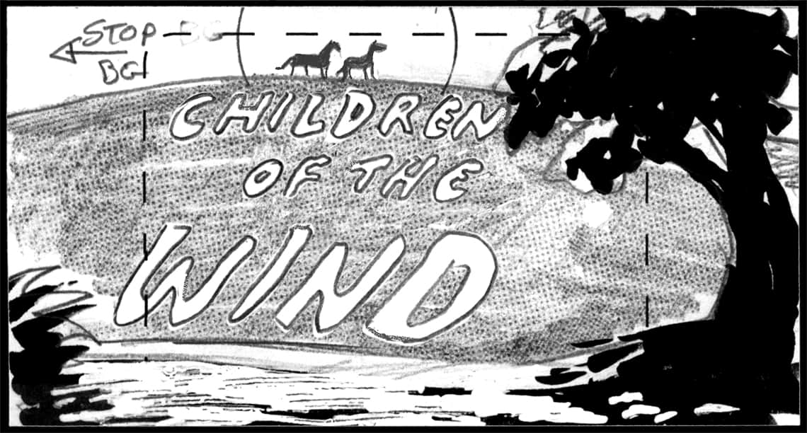 Children of the Wind, Scene 94, Panel 4
ACTION:- until they come to a stop, framed by the setting sun- DX on title lettering- 
NARRATOR: “…the Children of the Wind.”

THE END!