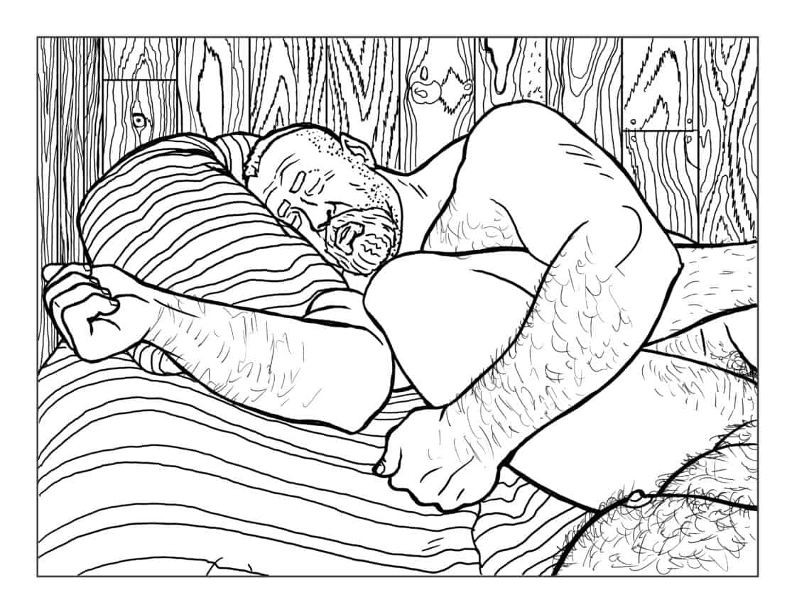 Color Your Dreams, coloring book-style illustration by Brad Rader of sleeping men. Gay erotica, bears