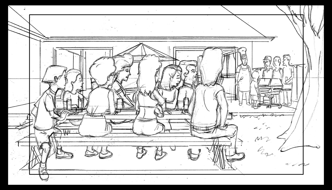 KOTH DABE-17 Act 2 Sc 44 Pnl 1
Action: EXT: HILL FAMILY BACK YARD: DAY
Assembled family & friends watch as Hank puts Bobby through his meat-expertise paces. Dale, Bill and Boomhauer stand nearby.