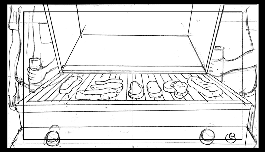 KOTH DABE-17 Act 2 Sc 46 Pnl 1
Action: Bobby’s p.o.v.— m.c.u. on open grill and various cuts of meat seen there-on. Dale, Bill and Boomhauer are seen (cropped) in b.g.-hold a beat…