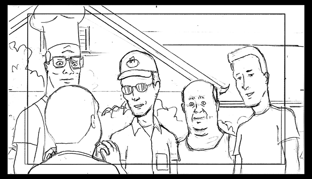 KOTH DABE-17 Act 2 Sc 48 Pnl 1
Action: O.T.S. Bobby; Hank looks down proudly; Dale, Bill and Boomhauer are appropriately amazed.
Dialogue: DALE/BOOMHAUER: (CONT)(O.S.) Well done indeed/ Dang ‘ol…