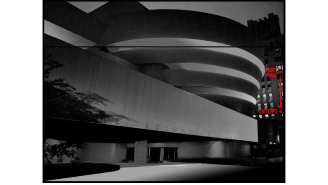 MIB_201_Sc-631-Pnl-1- Action: INT. GUGGENHEIM MUSEUM INT. NIGHT- Low angle on 2 Security Guards, wrapped in some cocoon-like substance.