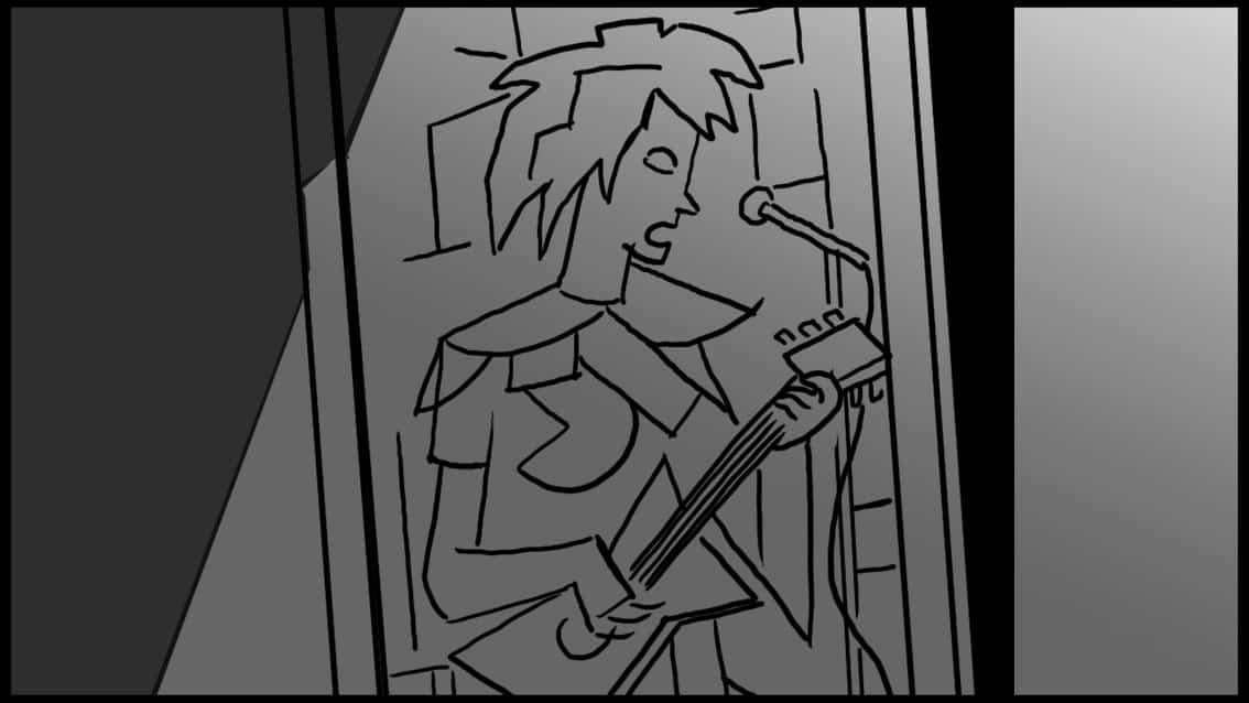 Men in Black 201 Scene 633, Panel 1 - Action: INT. GUGGENHEIM MUSEUM INT. NIGHT- C.U. on “Woman Playing Guitar” Dialogue: ALPHA: (OS): “Truly a masterwork.”