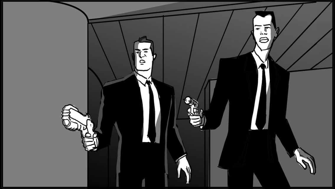 Men in Black 201 Scene 638, Panel 1- Action: ISO shot, Kay and Jay, weapons trained on o.s. Alpha-
Dialogue: KAY (CONT): “Drop the brain.”