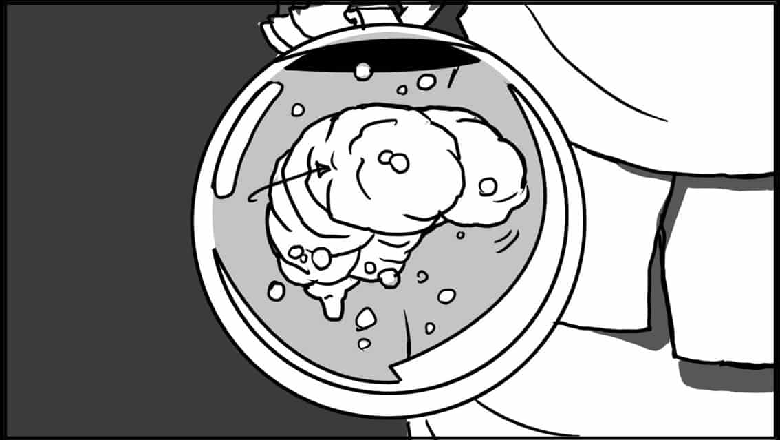 Men in Black 201 Scene 639, Panel 1- Action: C.U. on Zed’s Brain- “lip-synch” air bubble issuing from it’s lower mid-section-
Dialogue: ZED’S BRAIN: “Kay!?”