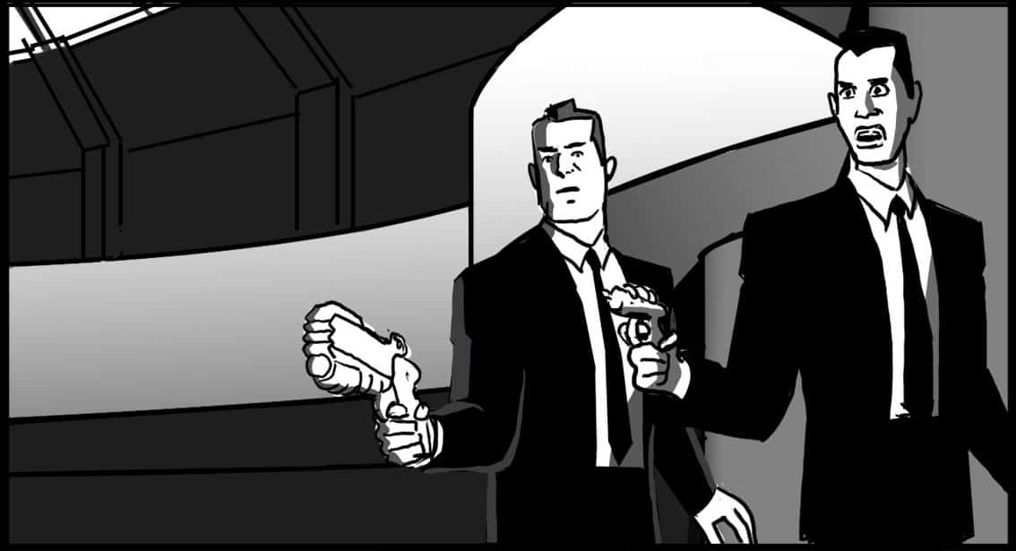 Men in Black 201 Scene 640, Panel 1- Action: Jay steps toward camera, stops-
Dialogue: JAY: “No sudden moves.”