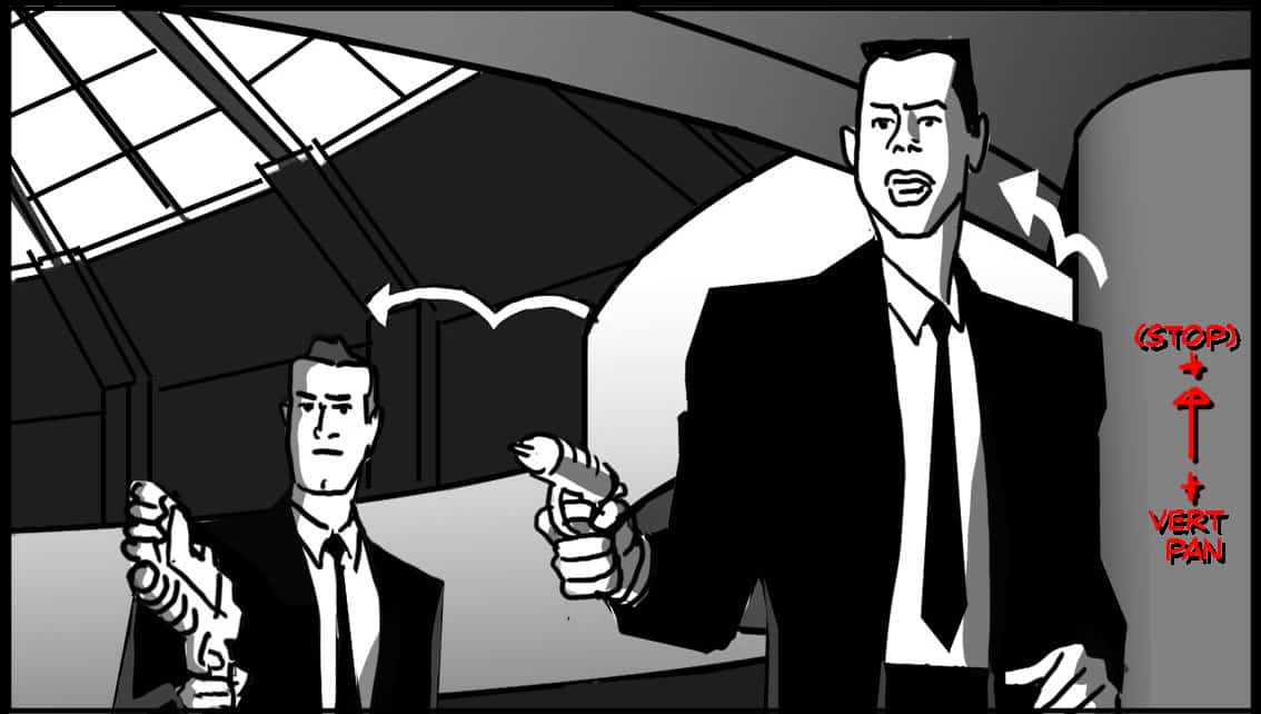 Men in Black 201 Scene 640, Panel 2- Action: Meanwhile, Kay steps to one side, putting a little distance between him and Jay.
Dialogue: JAY (CONT): “You’re outnumbered, Jack.”