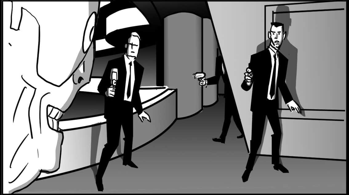 Men in Black 201 Scene 641, Panel 2 - Action: Evil Jay steps in, from behind partition-
Dialogue: ALPHA (CONT): “…quite…”