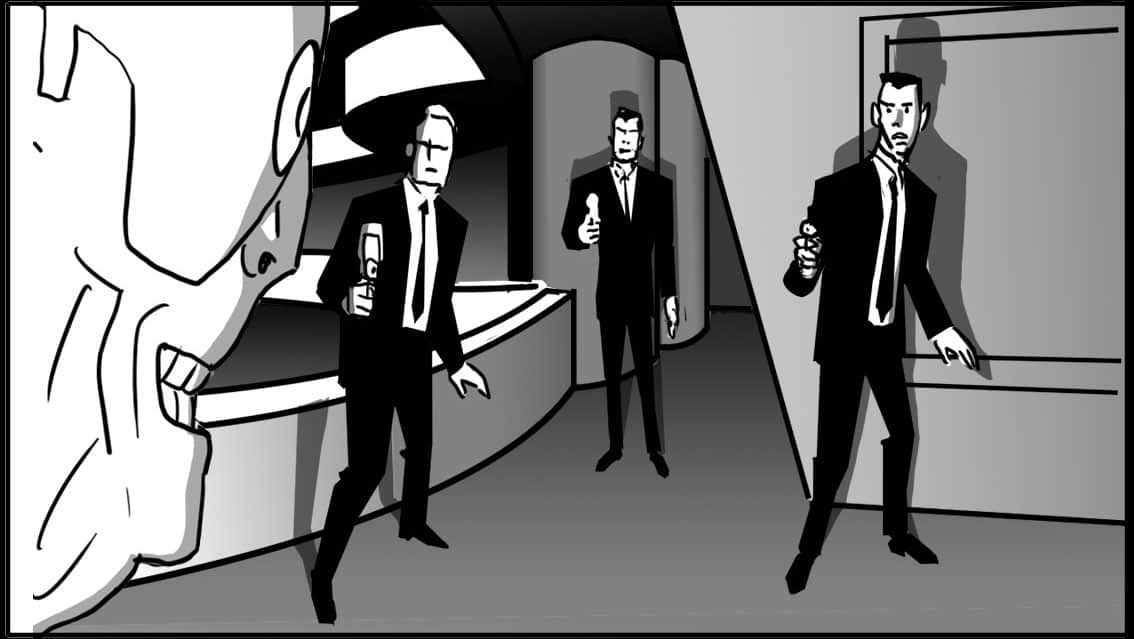 Men in Black 201 Scene 641, Panel 3- Action: - stops between Kay and Jay, who haven’t noticed yet-
Dialogue: ALPHA (CONT): “…even”.