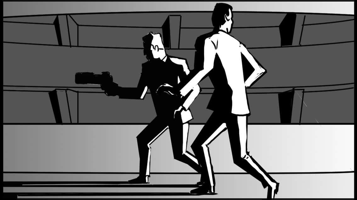 Men in Black 201 Scene 643, Panel 1- 
 Men in Black 201 Scene 642, Panel 1Action: ANIMATIC START POSE- Kay and Jay are lit by o.s, Evil Jay weapon light flare- Jay is looking back at o.s. Evil Jay-