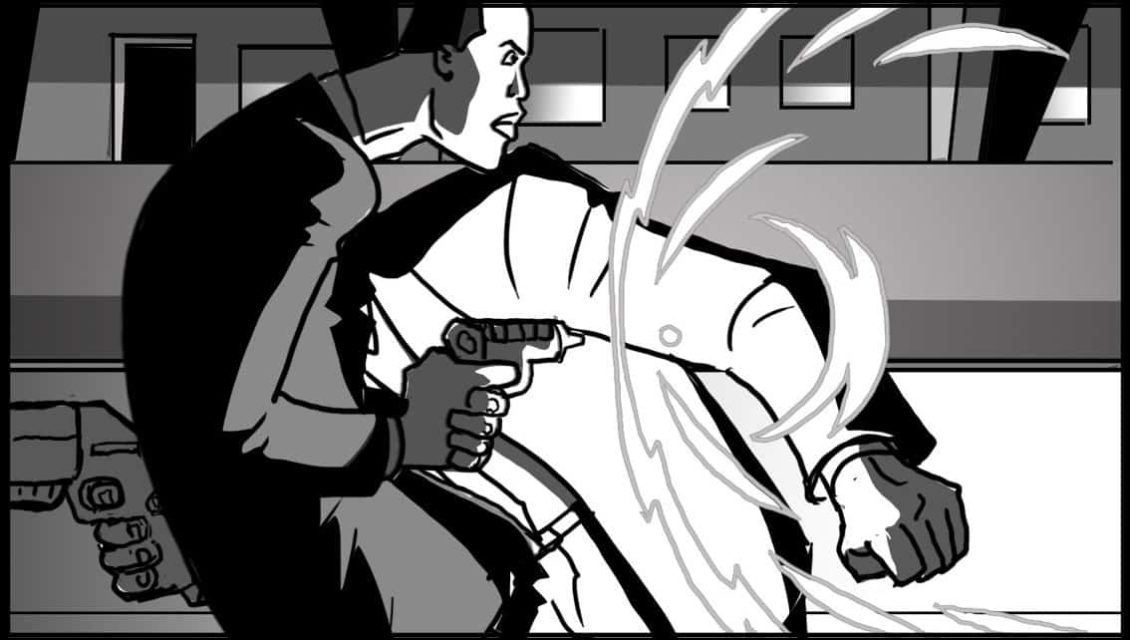 Men in Black 201 Scene 645, Panel 2- Men in Black 201 Scene 642, Panel 1Action: Jay is driven backward by recoil of Noisy Cricket- d.x. on new lighting-