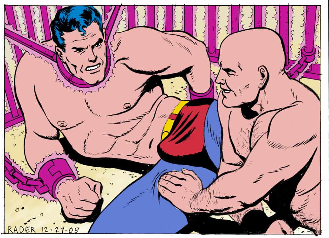 Pink Kryptonite by Brad Rader, colored illustration featuring DC's Superman and Lex Luthor, gay erotica