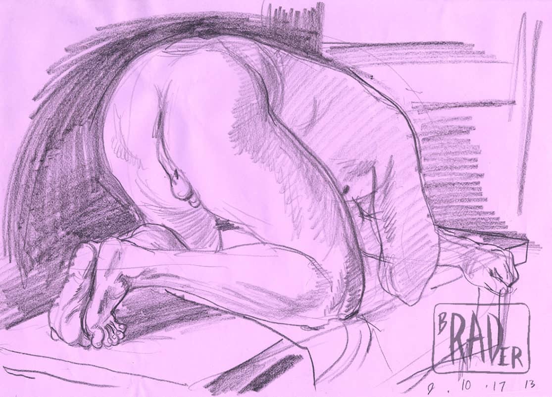 Pencil sketch by Brad Rader of kneeling nude, gay erotica, figure study